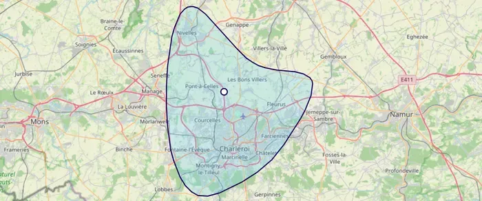 Carte de la zone d'intervention à domicile autour de Viesville, couvrant Charleroi, Fleurus, Courcelles, Pont-à-Celles, Montigny-le-Tilleul et Nivelles